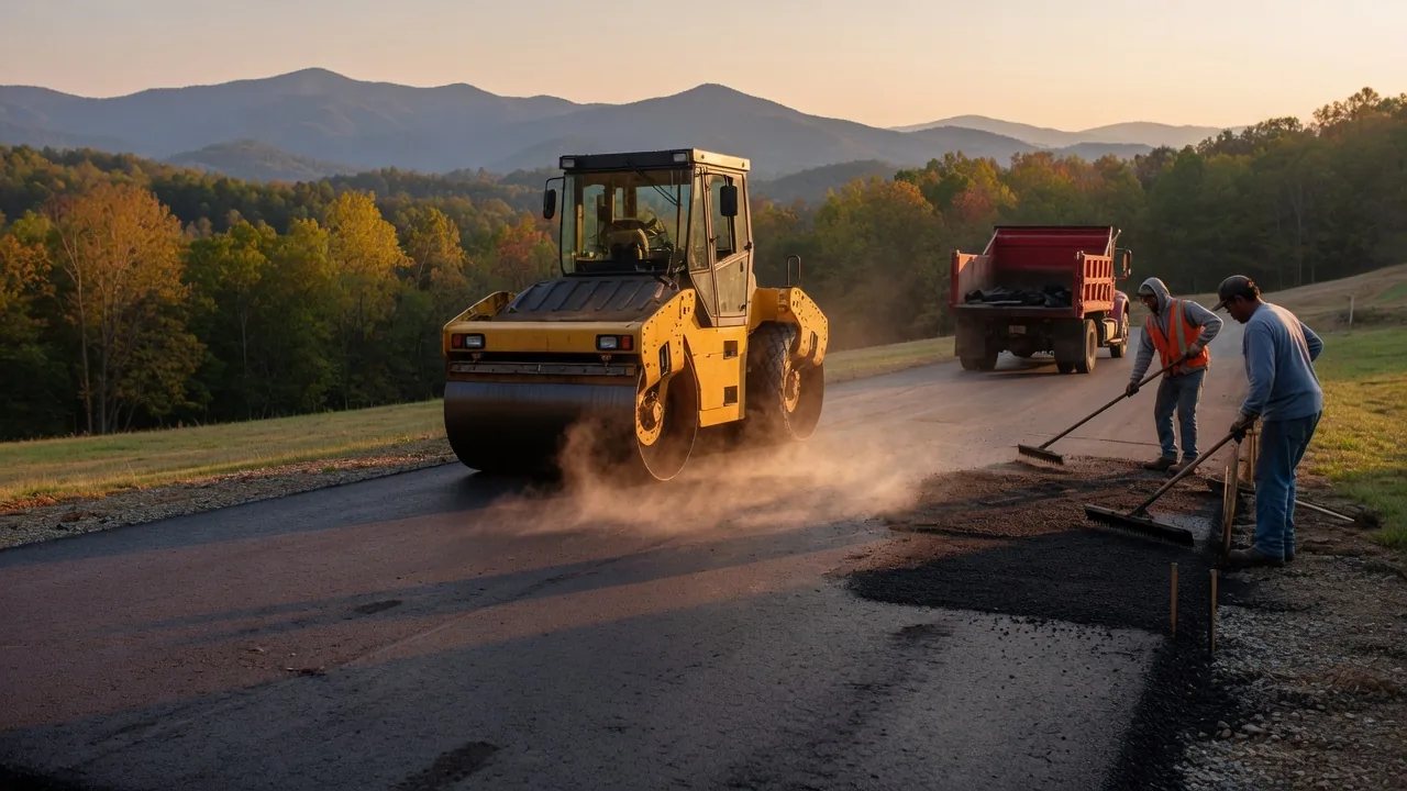 Illustration: a roller compacting hot-mix asphalt on a residential driveway